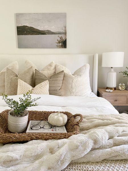 Coastal bedroom, Wayfair upholstered bed, throw pillows, nigthstand, throw blanket, woven tray, home decor 

#LTKSeasonal #LTKHoliday #LTKhome