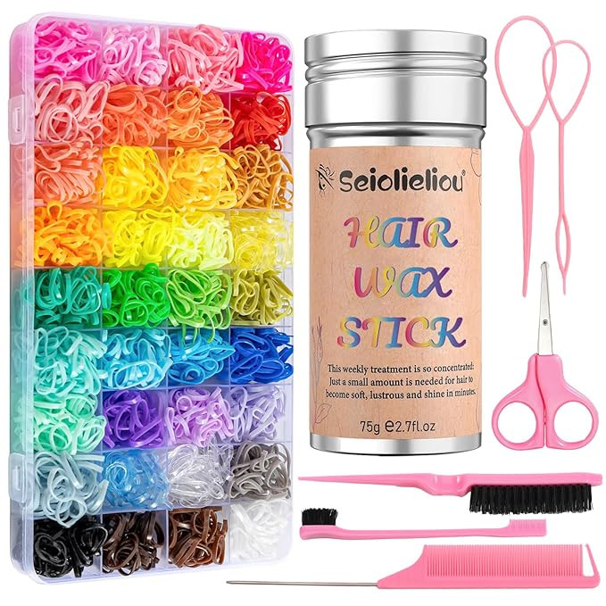 Hair Styling Kit with Hair Wax Stick, 2100 Pcs 36 Colors Hair Elastics, 1 Pink Scissors, 5 Pcs St... | Amazon (US)