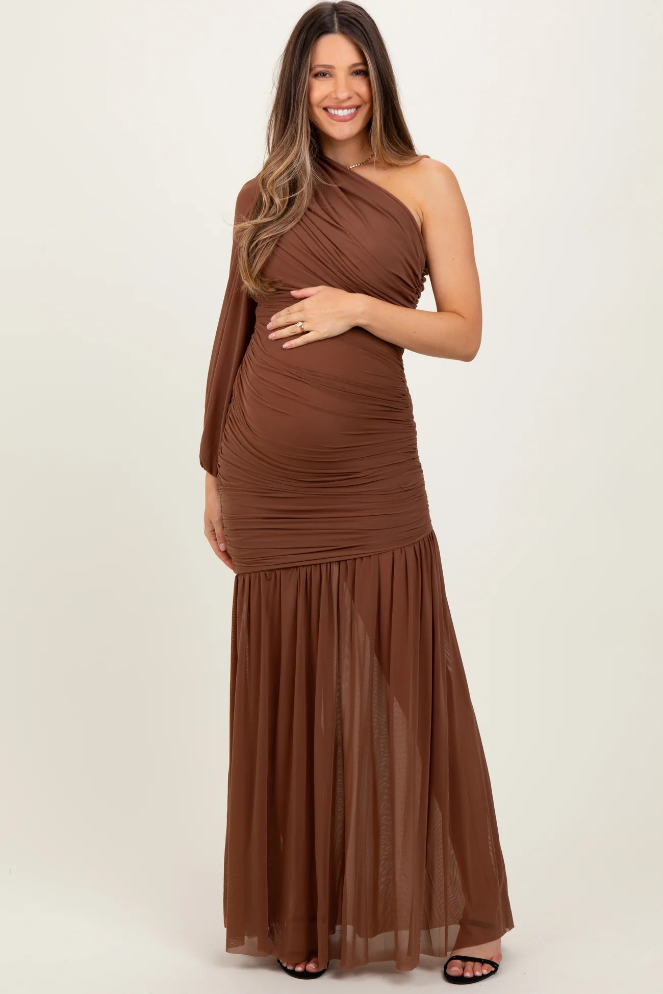 Mocha Ruched Mesh One Shoulder Asymmetric Maternity Maxi Dress | PinkBlush Maternity
