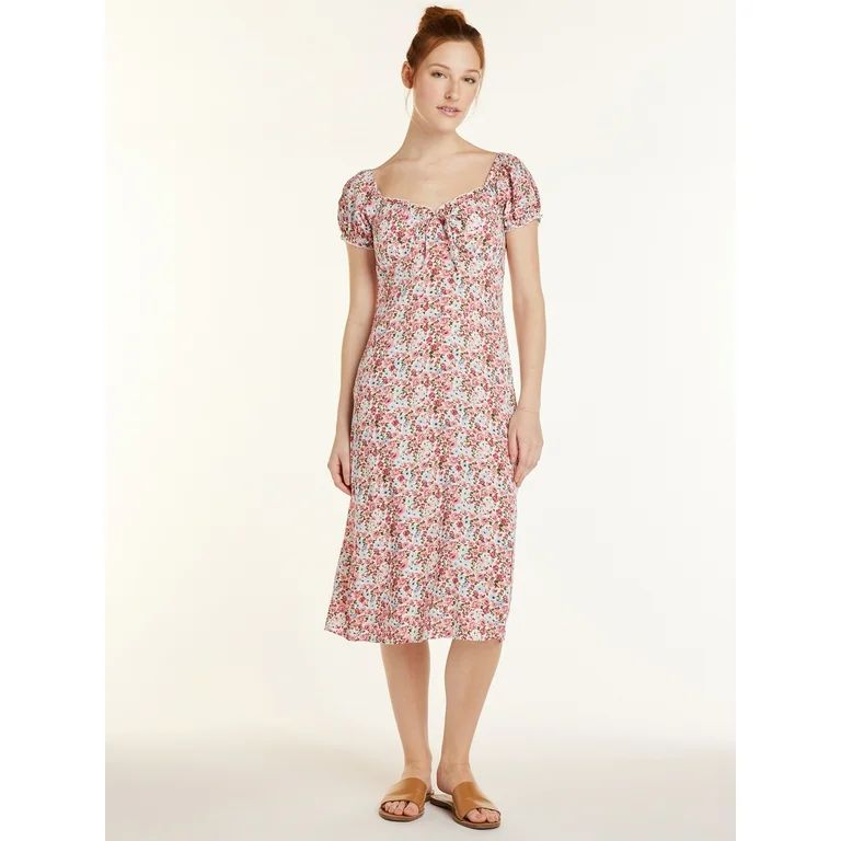 No Boundaries Juniors’ Floral Dress with Short Puff Sleeves, Sizes XS-XXXL | Walmart (US)