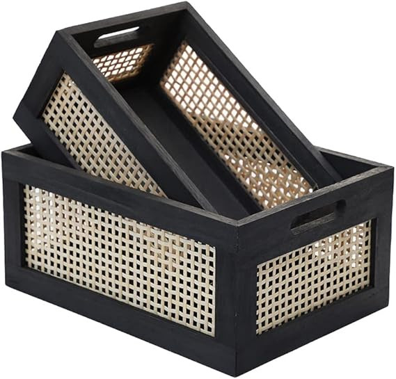 Desktop Storage Basket, Sundry Office Drawer Storage Box, Wood Frame Storage Basket. (Black-Set2) | Amazon (US)
