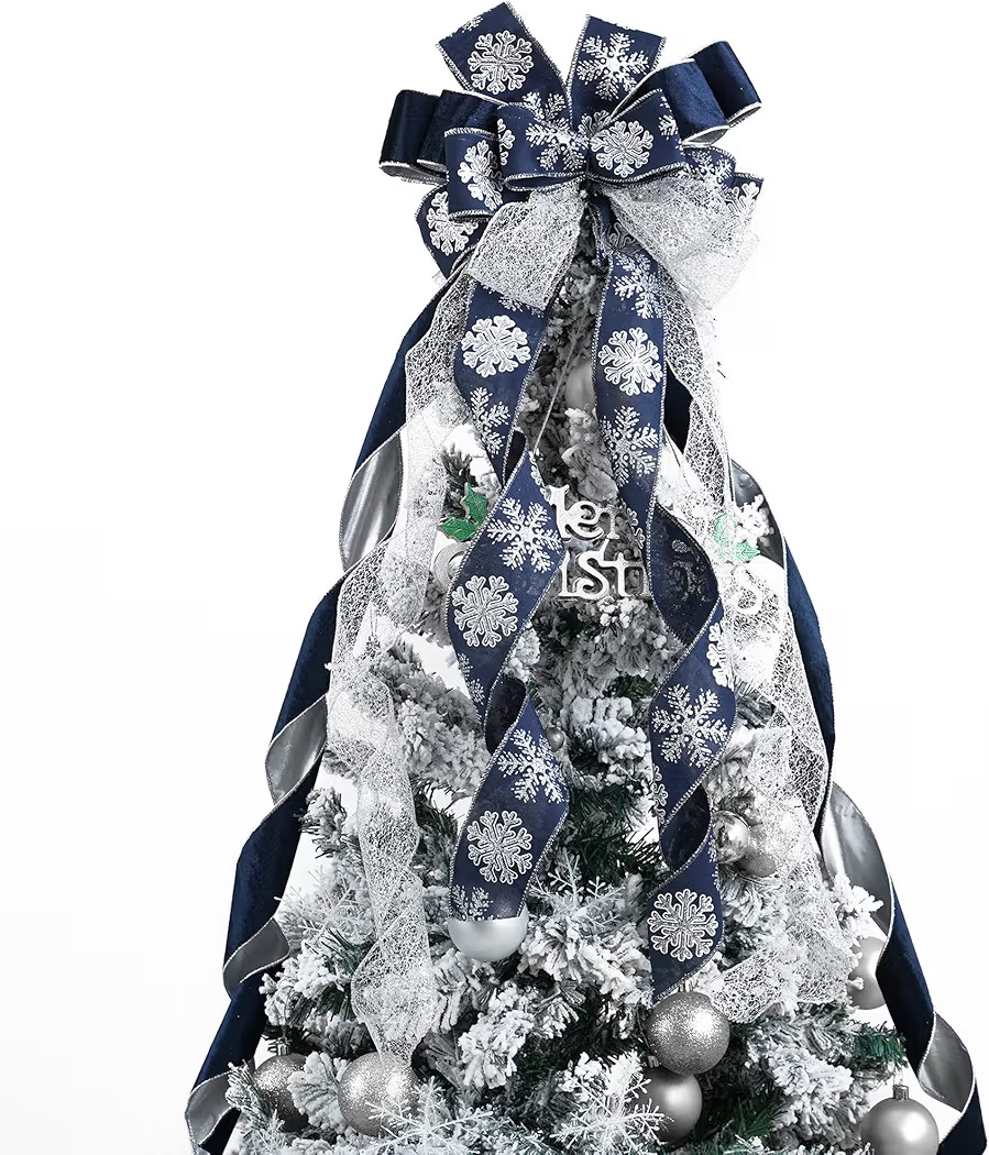 MEEDEE Navy Blue Tree Topper Navy Blue Christmas Tree Topper Bow 12 inch Wide Navy Blue Silver Gl... | Amazon (US)