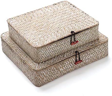 Whitewash Seagrass Storage Basket Bins with Lid Rectangular Woven Shelf Baskets for Organize Snac... | Amazon (US)