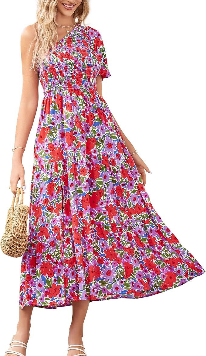 ZESICA Women's 2024 Boho Summer One Shoulder Short Sleeve Smocked Side Split Ruffle Swing Midi Dr... | Amazon (US)