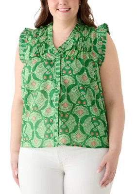 Crown & Ivy Women's Plus Size Print Ruffle Neck Top, Green, 2X | Belk