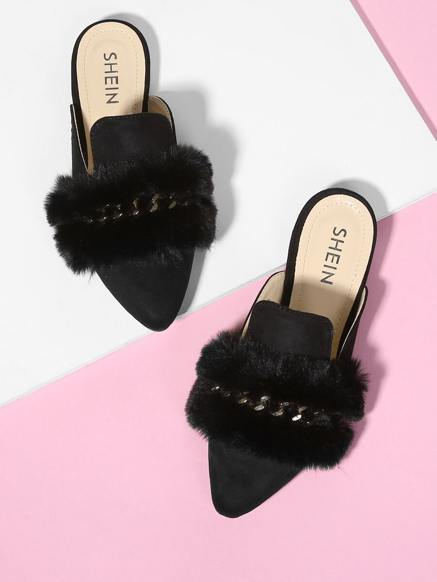 Faux Fur Decorated Point Toe Flat Mules | SHEIN