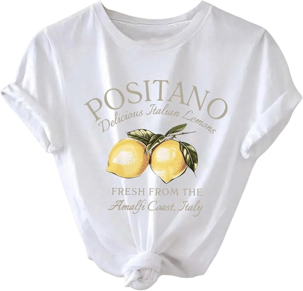 QJQ Women's Graphic Tees Lemon Fruit Print Short Sleeve Crewneck T Shirts Casual Summer Trendy Go... | Amazon (US)