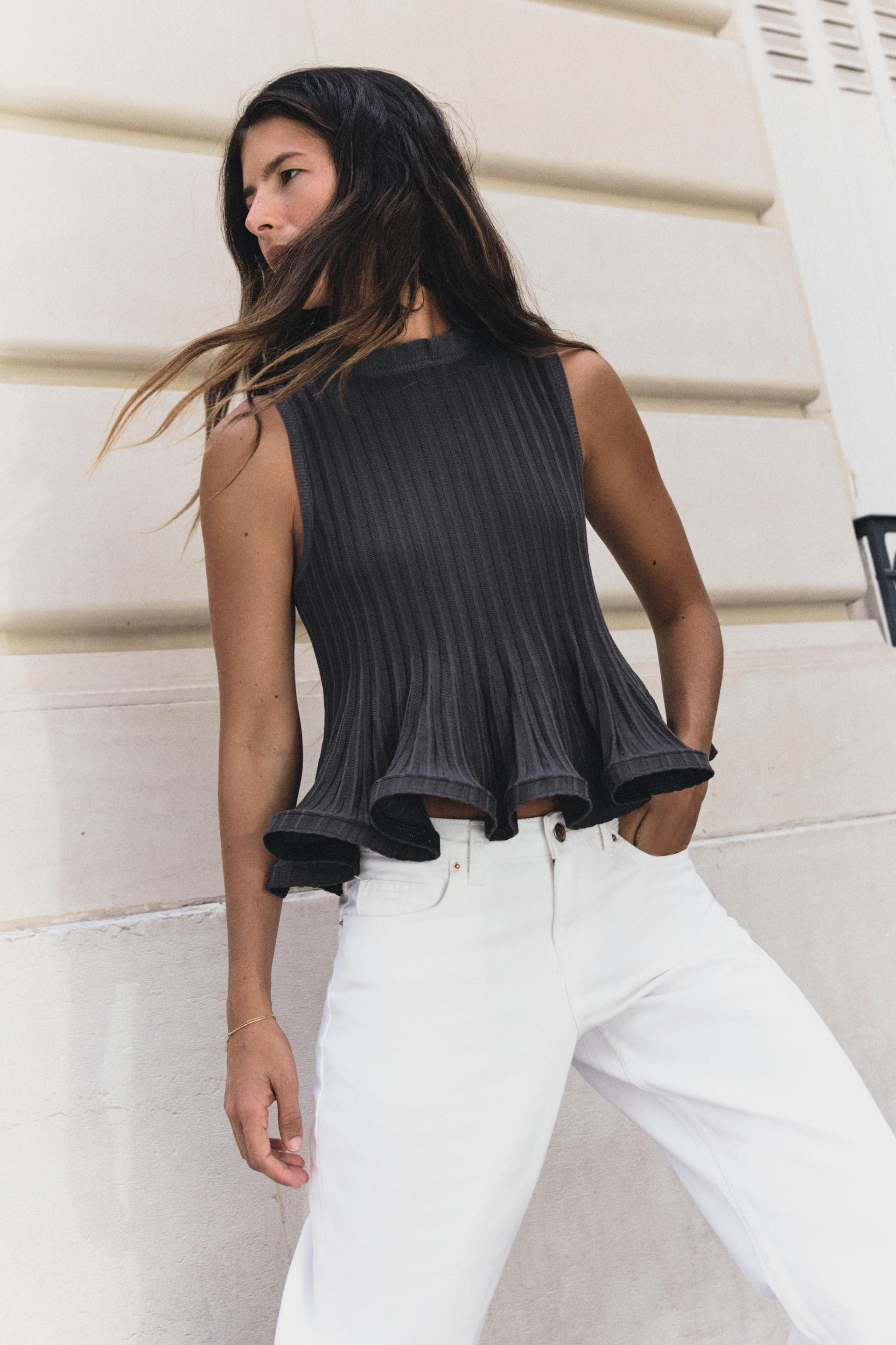 Zara - Rib Knit Peplum Top - Ecru - M - Woman | Zara Canada