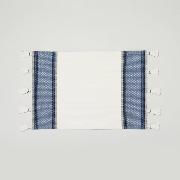 20" x 32" Color Block Stripe Tassels Bath Rug Faded Blue/White - Hearth & Hand™... | Target