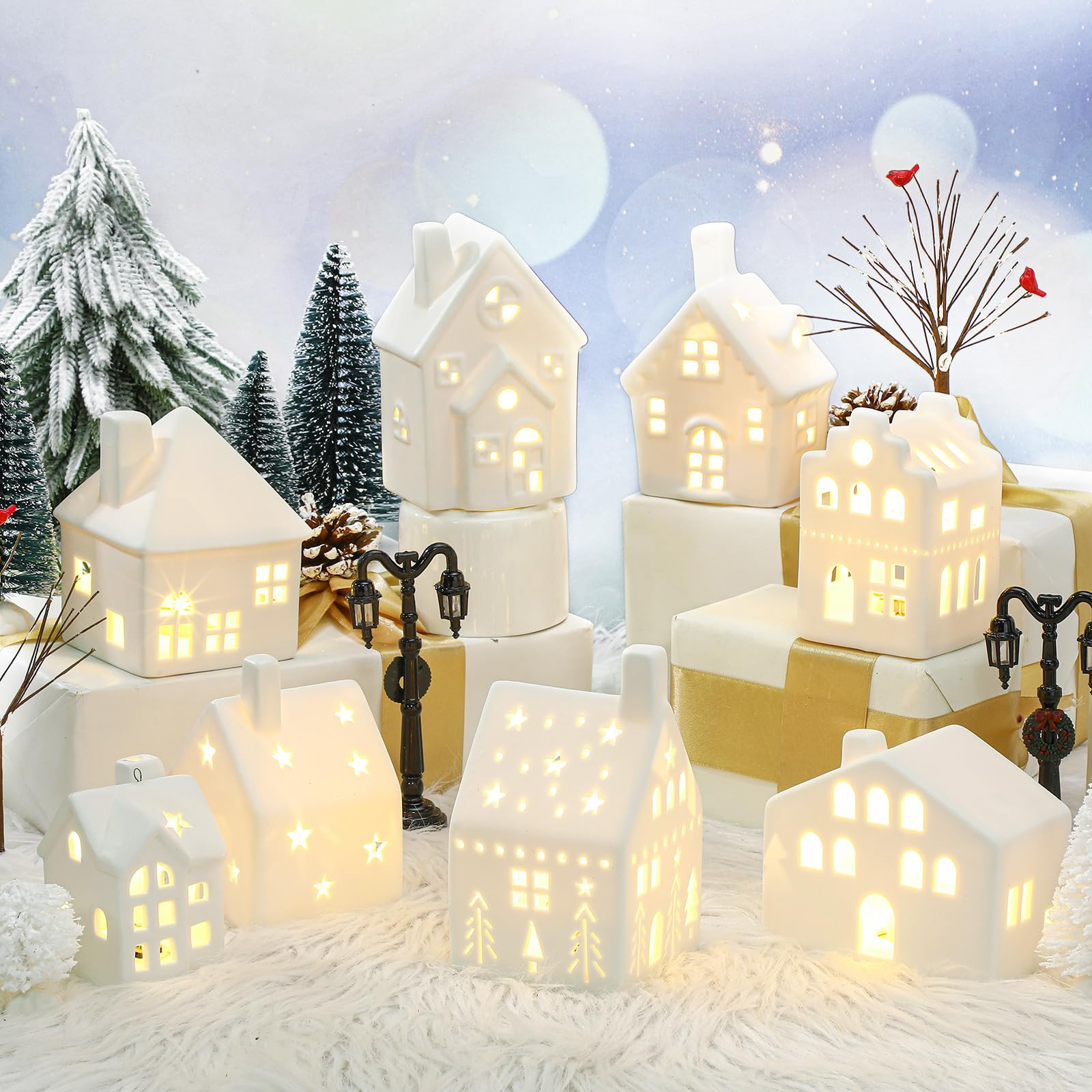 Cindeer 26 Pcs Ceramic Christmas Village Set 8 LED Christmas Village Houses 16 Xmas Trees Farmhou... | Amazon (US)