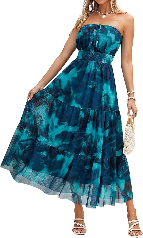 Simplee Women's Summer Maxi Dresses 2026 Elegant Strapless Boho Floral Mesh Vacation Beach Dress ... | Amazon (US)