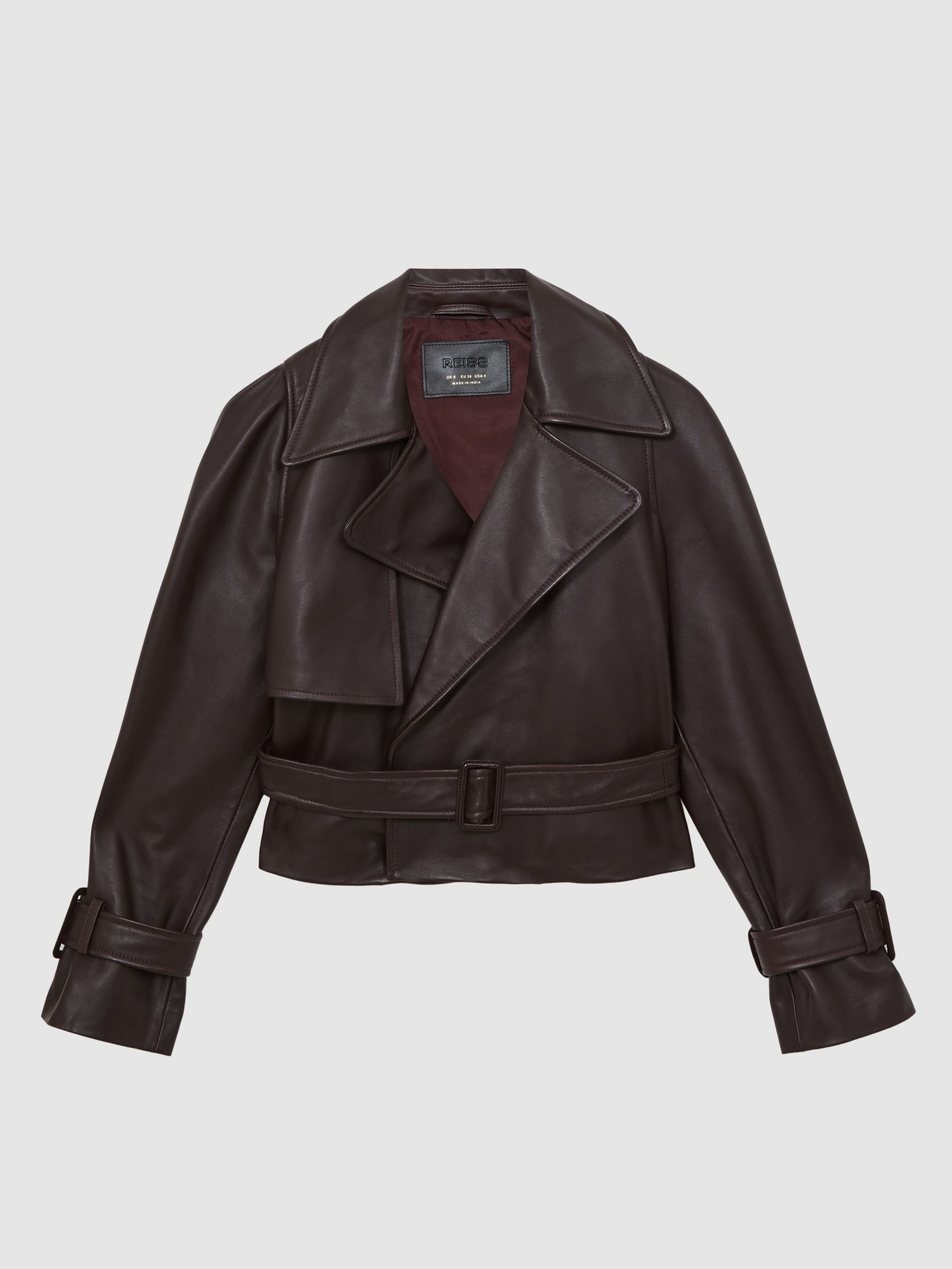 Leather Cropped Trench Jacket in Oxblood Burgundy | Reiss US