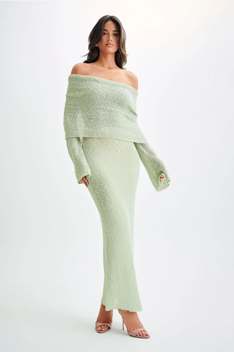 Marisol Off Shoulder Boucle Maxi Dress - Pastel Green | MESHKI US