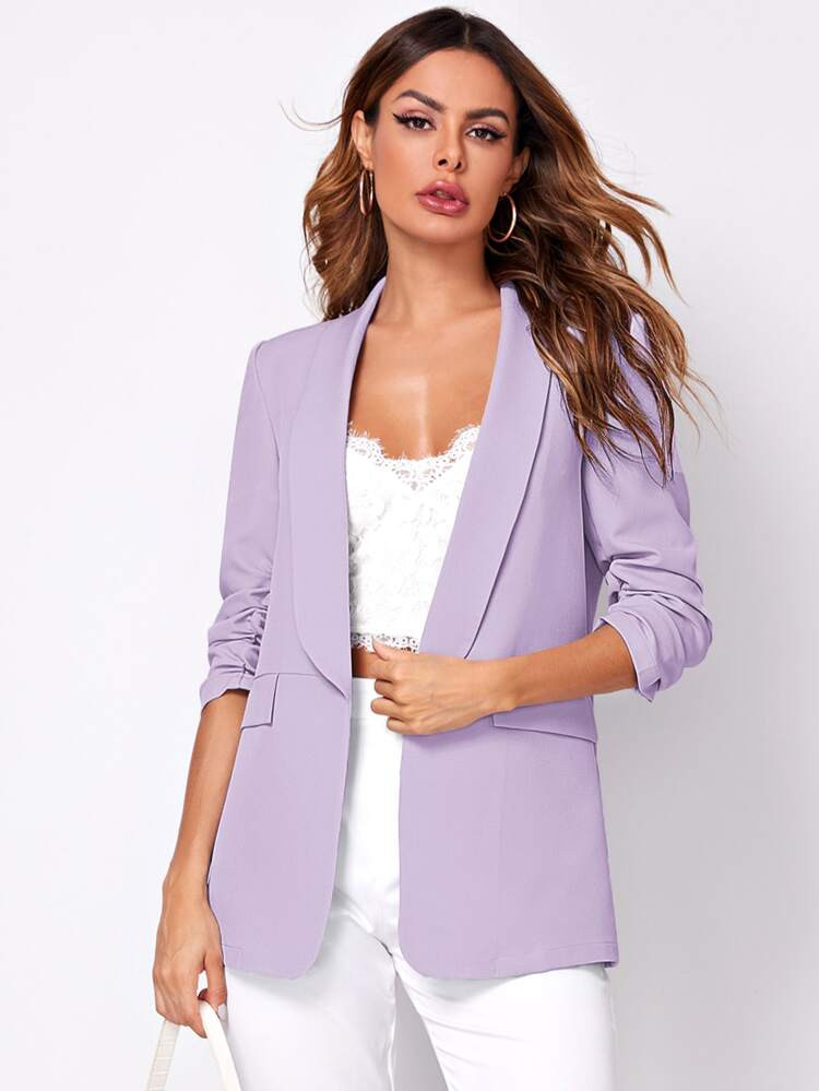 EMERY ROSE Shawl Collar Gathered Sleeve Flap Detail Blazer | SHEIN
