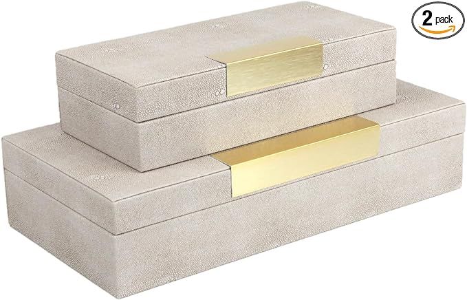 BRANDLOUIE Decorative Boxes 2 Pc. Set, Shagreen Faux Leather Ivory Gold Accents, for Jewelry, Cos... | Amazon (US)