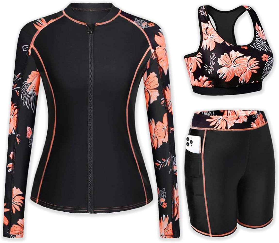 Daci Women 3 Piece Rash Guard - 3PC Long Sleeve Zip up Swim Shirt Sports Bra Modest Swimsuit with... | Amazon (US)
