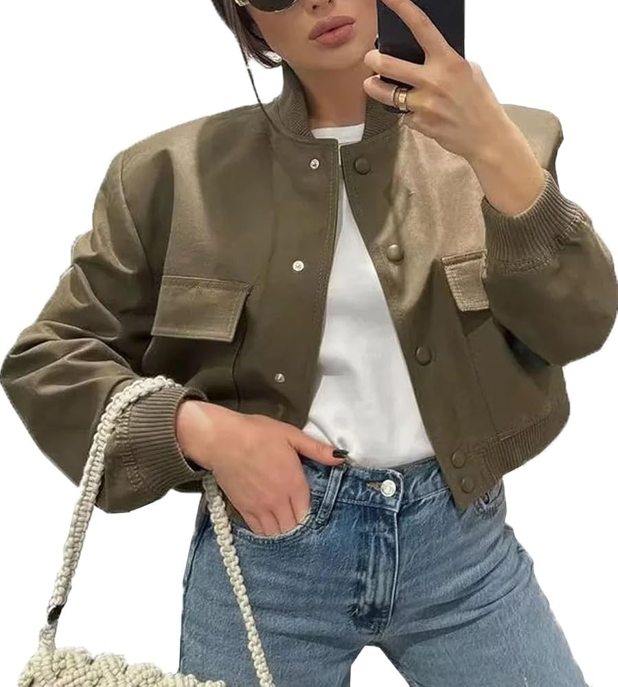 Bomber jacket Women Autumn Winter Cropped Jacket Black Brown Khaki Varsity Jacket Coat | Amazon (US)