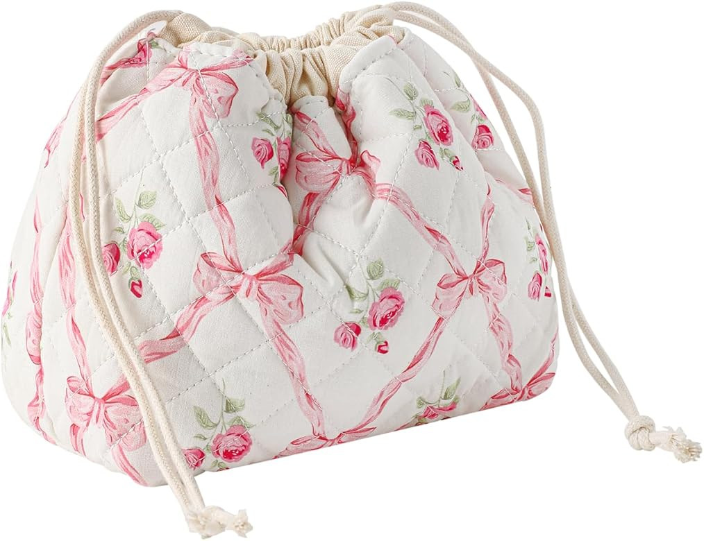 Cotton Quilted Drawstring Makeup Bag with Canvas Lining,Coquette Aesthetic Cute Travel Toiletry B... | Amazon (US)