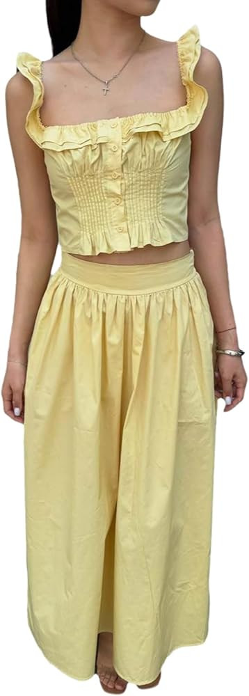 Women Solid Casual 2 Piece Outfit Square Neck Ruffled Crop Top and High Waist Maxi Pleated Skirt ... | Amazon (US)