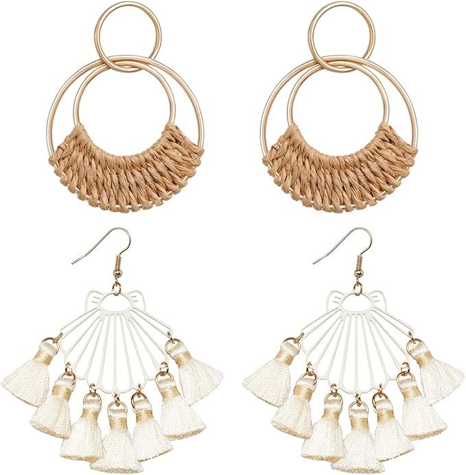 Boho Raffia Hoop Earrings and Fan Tassel Earrings | Amazon (US)