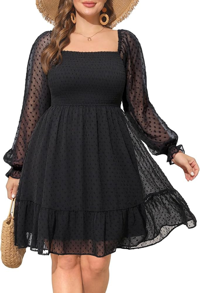 Women Plus Size Square Neck Puff Sleeve Babydoll Summer Chiffon Swiss Dot Flowy Short Smocked Dre... | Amazon (US)