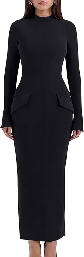 YMDUCH Women's Long Sleeve Mock Turtle Neck Bodycon Back Slit Club Party Long Pencil Dress | Amazon (US)