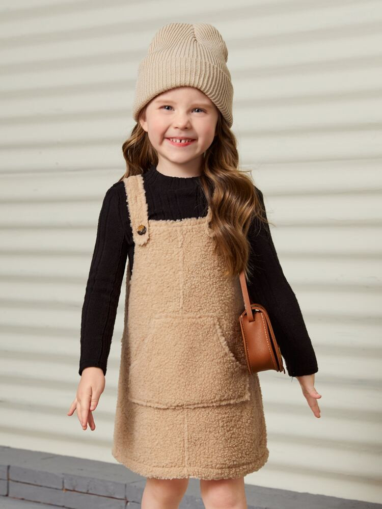 SHEIN Toddler Girls Pocket Patched Teddy Overall Dress Without Top | SHEIN
