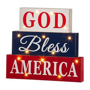 Glitzhome 11.75"L Wooden Patriotic Block Sign Lighted Tabletop Decor | JCPenney