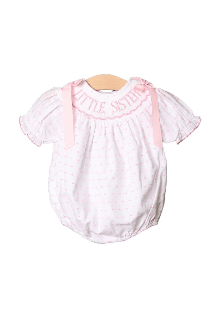 Smocked Little Sister Pink Swiss Dot Bubble | The Smocked Flamingo