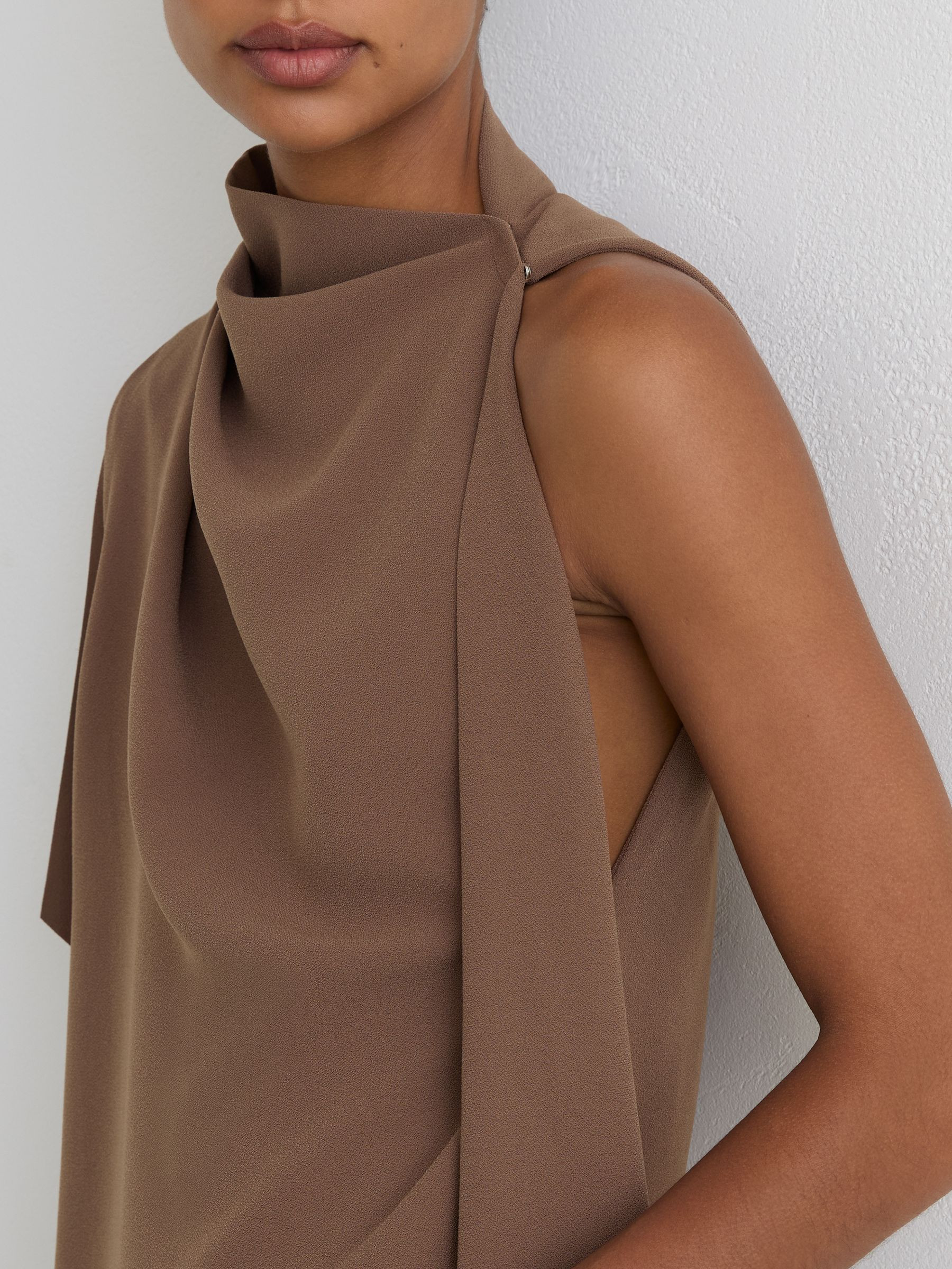 One-Shoulder Draped Mini Dress in Taupe Brown | Reiss UK