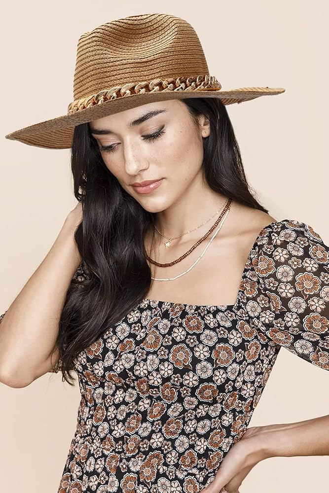 boderier Sun Beach Hats for Women Mens Wide Brim Straw Fedora Hat Chain Band Panama Straw Hat Sum... | Amazon (US)