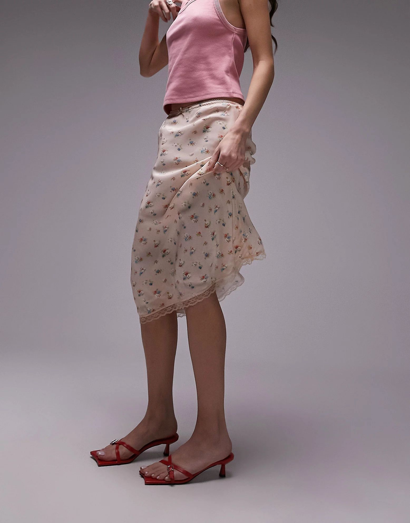 Topshop vintage lace ditsy floral 90s length bias skirt in pink | ASOS (Global)
