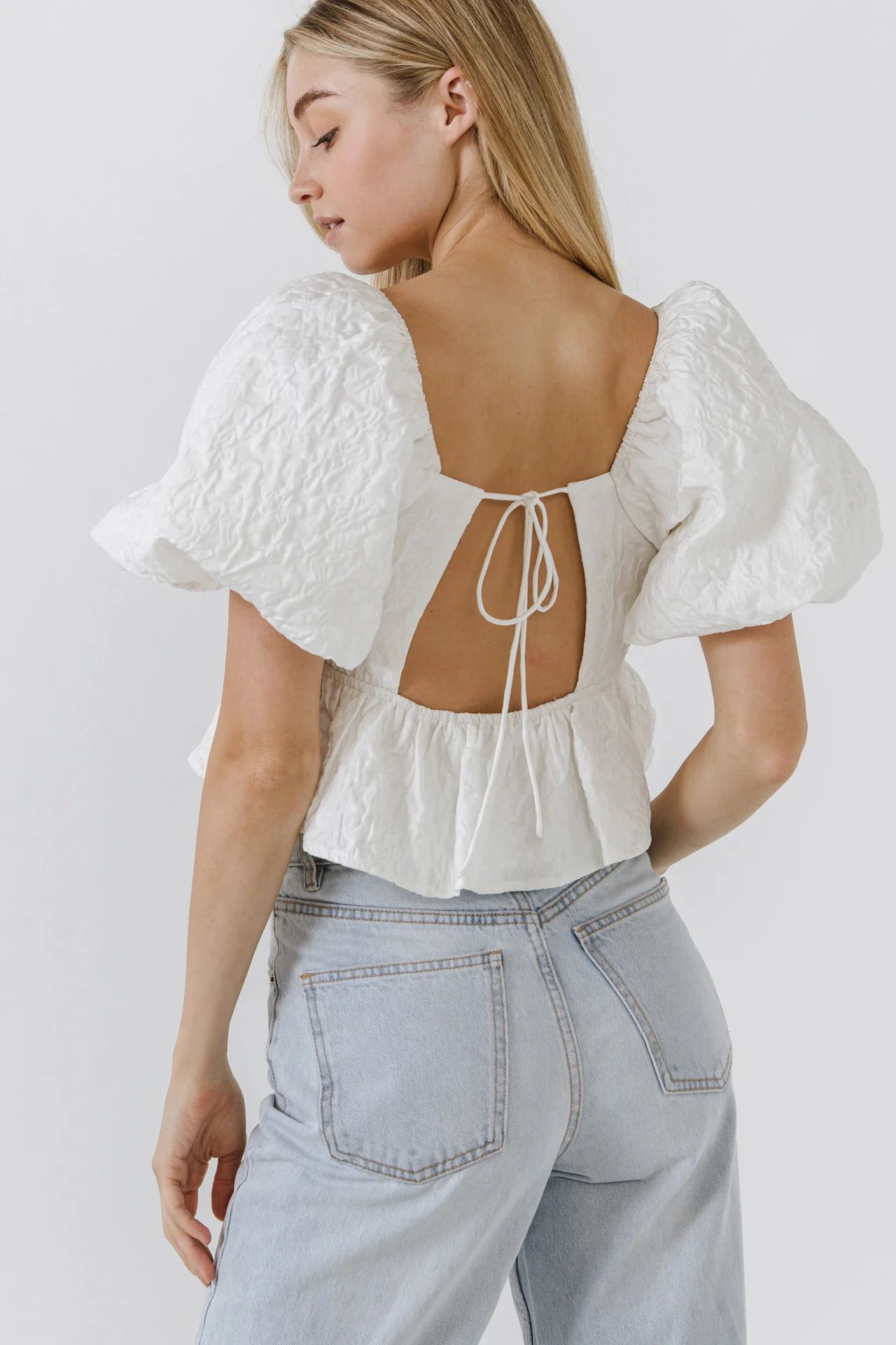 Square Neck Puff Sleeve Jacquard Top | OBJECTRARE