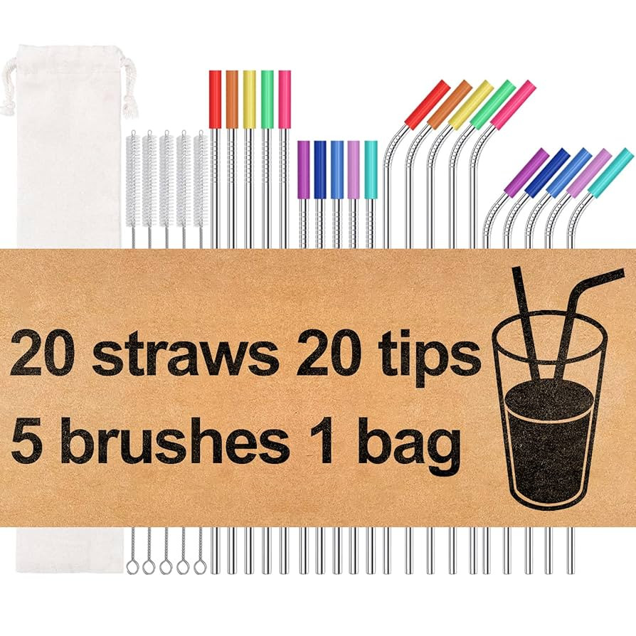 20 Pack Reusable Stainless Steel Metal Straws,10.5" & 8.5" Reusable Drinking Straws with 20 Silic... | Amazon (US)