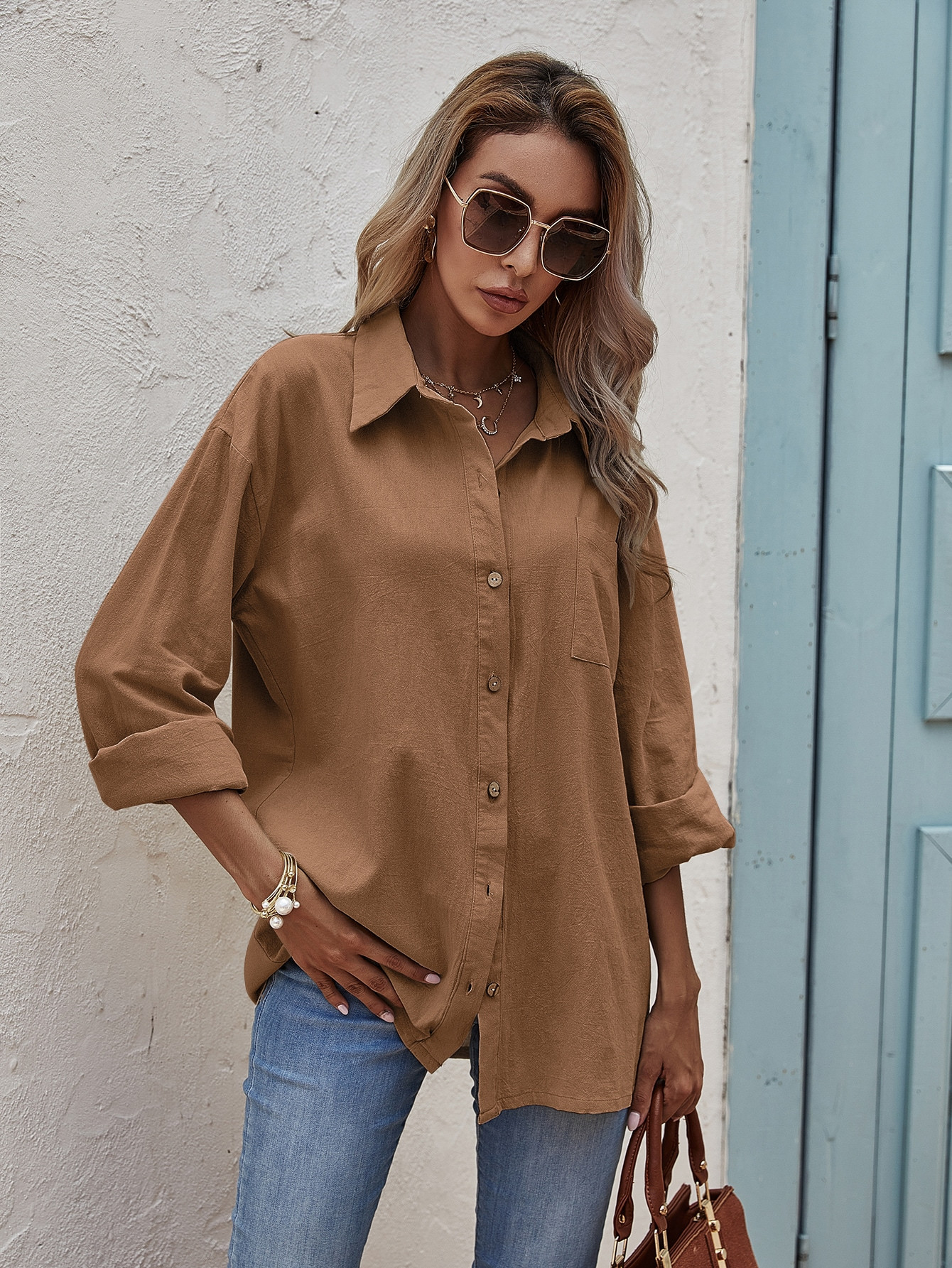 Drop Shoulder Pocket Patched Oversized Blouse | SHEIN