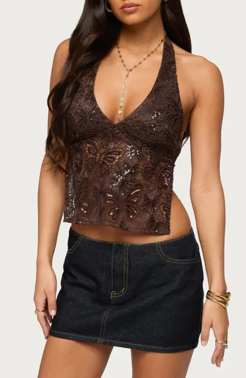 EDIKTED Butterfly Sequin Open Back Halter Top in Brown at Nordstrom, Size X-Small | Nordstrom