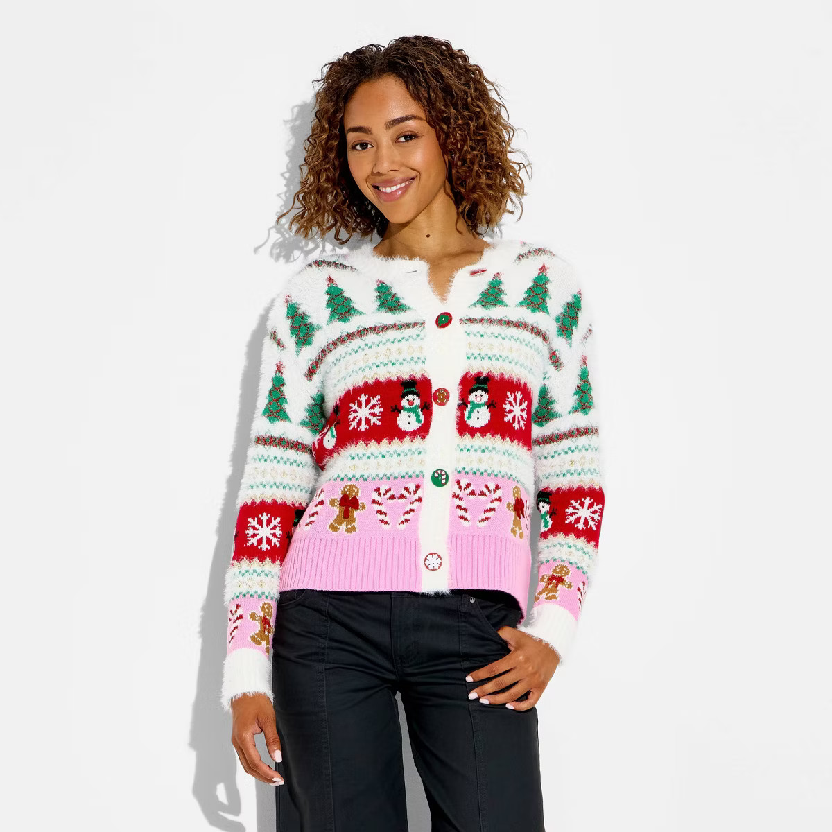 Women's Holiday Icons Festive Graphic Cardigan - Cream S | Target