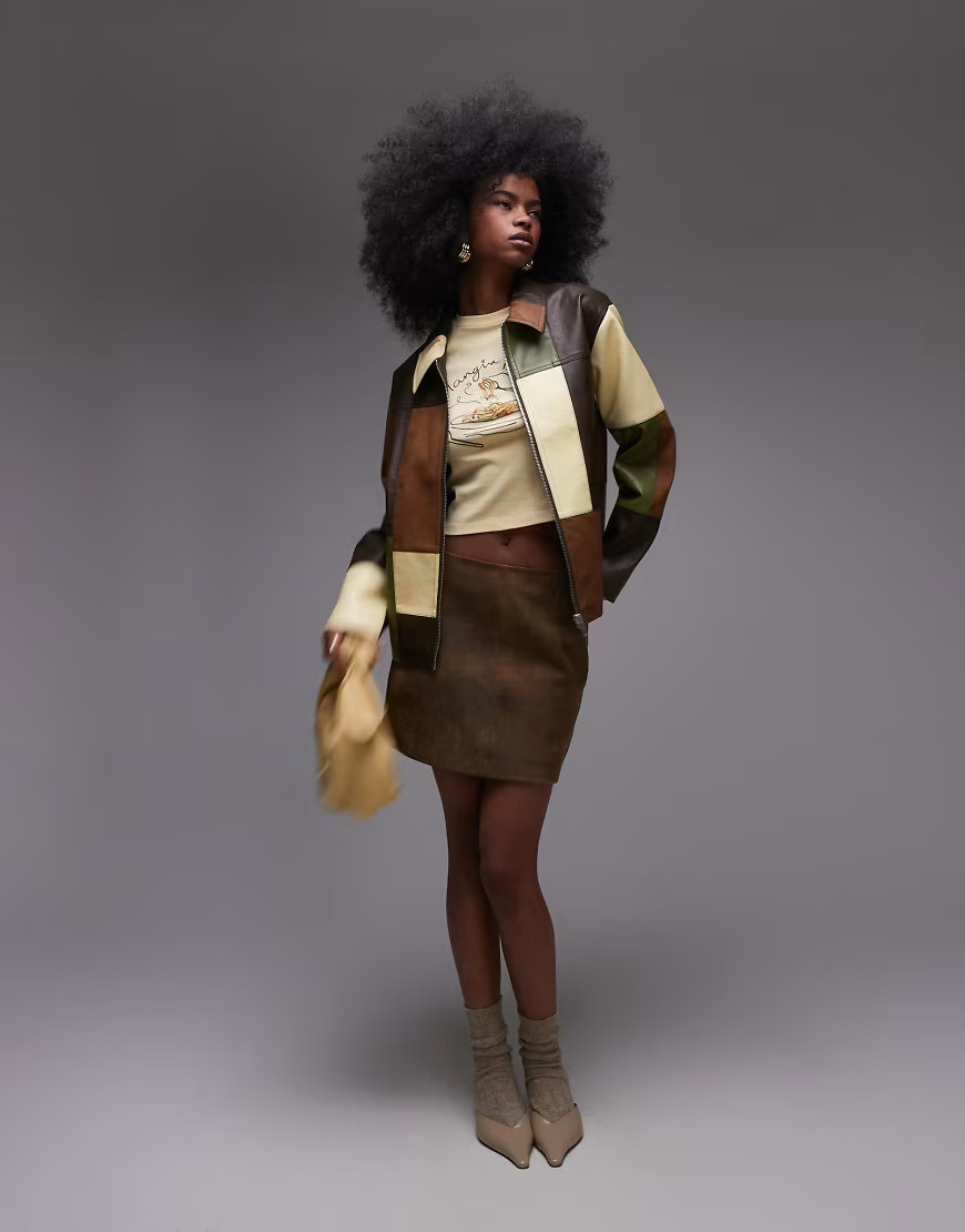 Topshop contrast panel detail zip through faux leather jacket in multi | ASOS (Global)