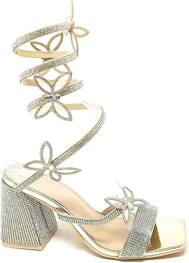 Wild Diva Women Butterfly Rhinestone Spiral Ankle Strap Square Toe Low Block Heels | Amazon (US)