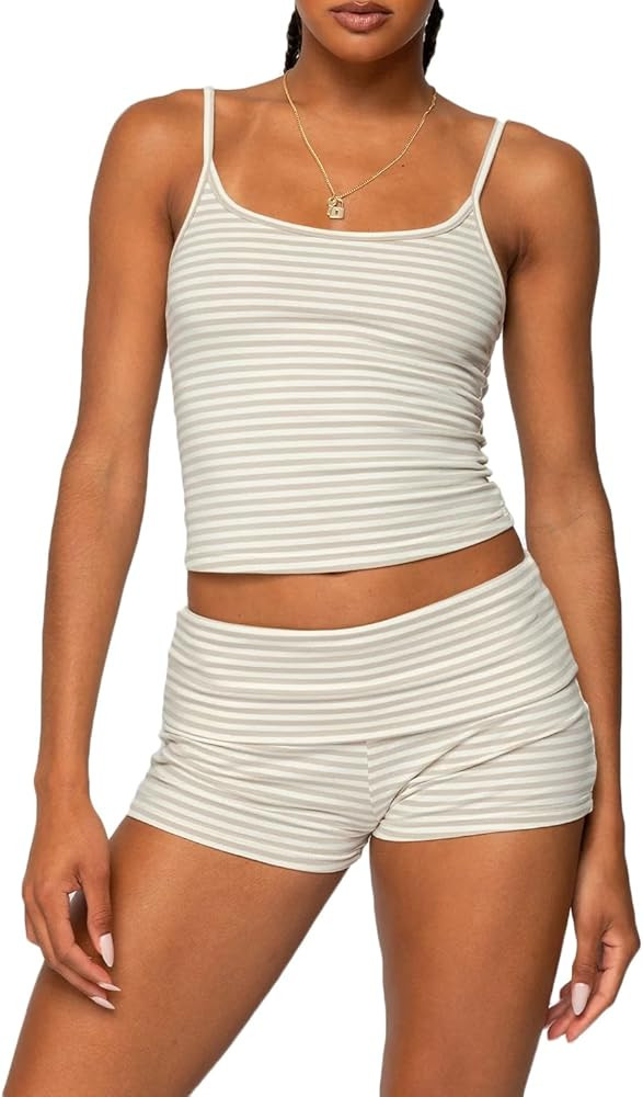 RUEWEY Women Y2k Pajama Set Striped Sleeveless Crop Cami Top Lounge Shorts PJS 2 Piece Matching S... | Amazon (US)