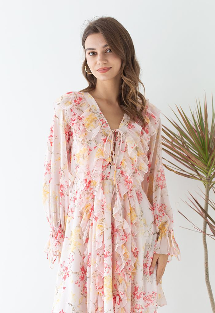 Lace-Up Floral Watercolor Ruffle Mini Dress | Chicwish
