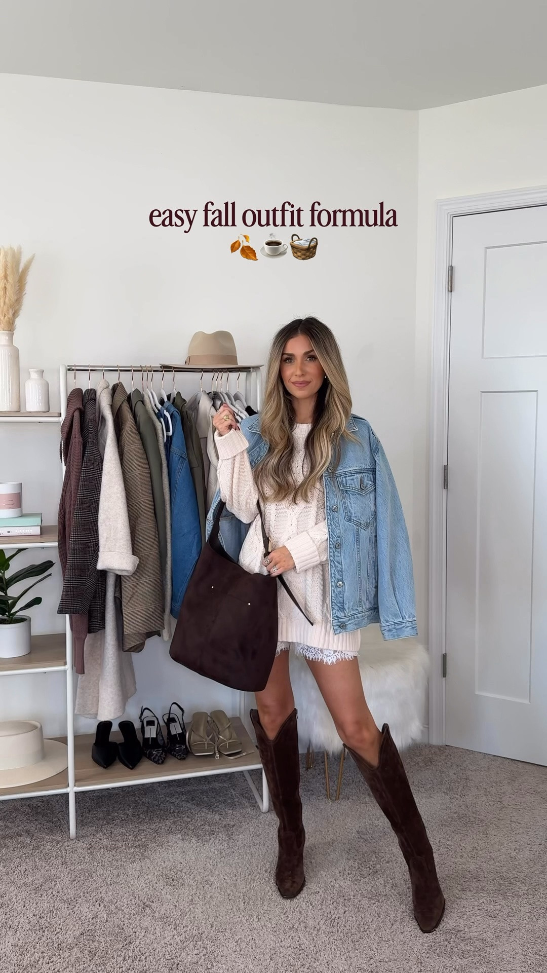 Easy fall outfit formula 🤍✨🍂 wearing a xs in the satin lace shorts and denim jacket & size small in the sweater

#LTKootd #LTKgrwm #LTKPetite