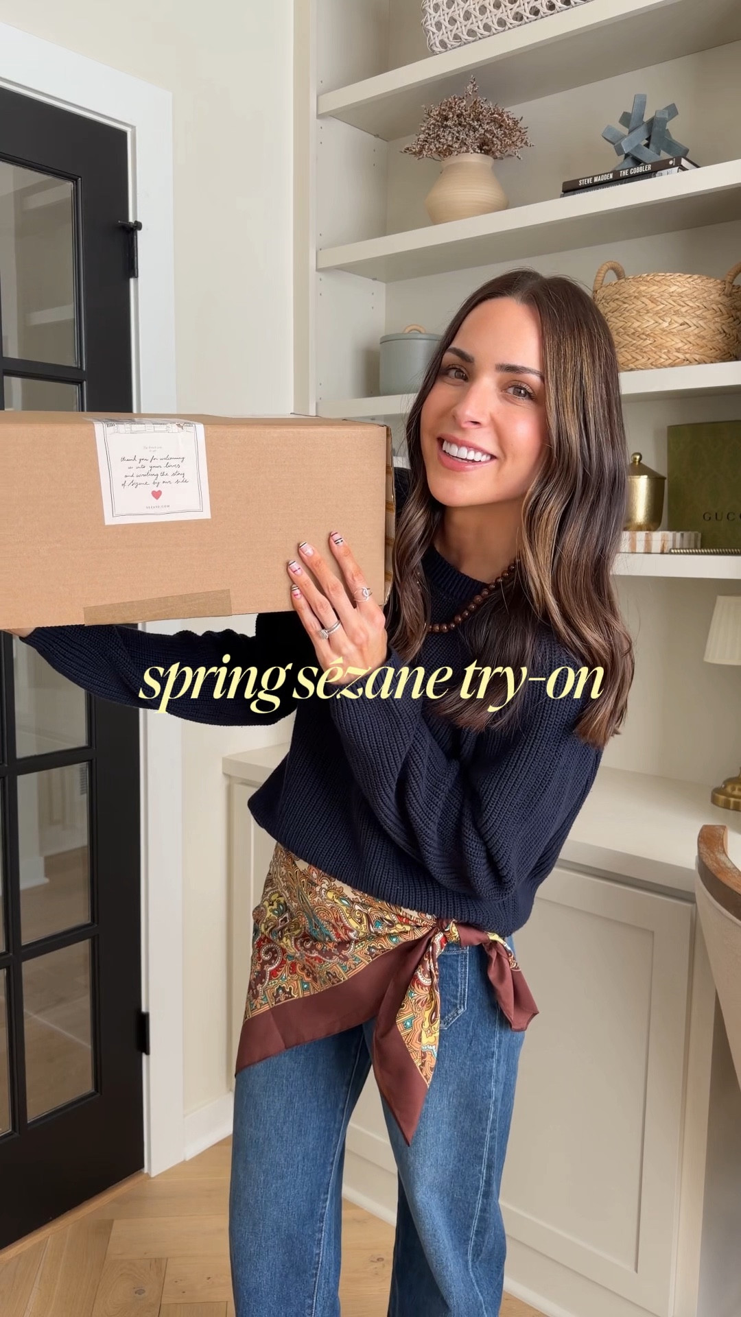 Sézane spring try-on! 
Wearing my true size 4 in the tops and the sweater is one-sized. 

Jeans true to size! 26 
Jelly flats: size down 

#LTKSeasonal #LTKvlog #LTKootd