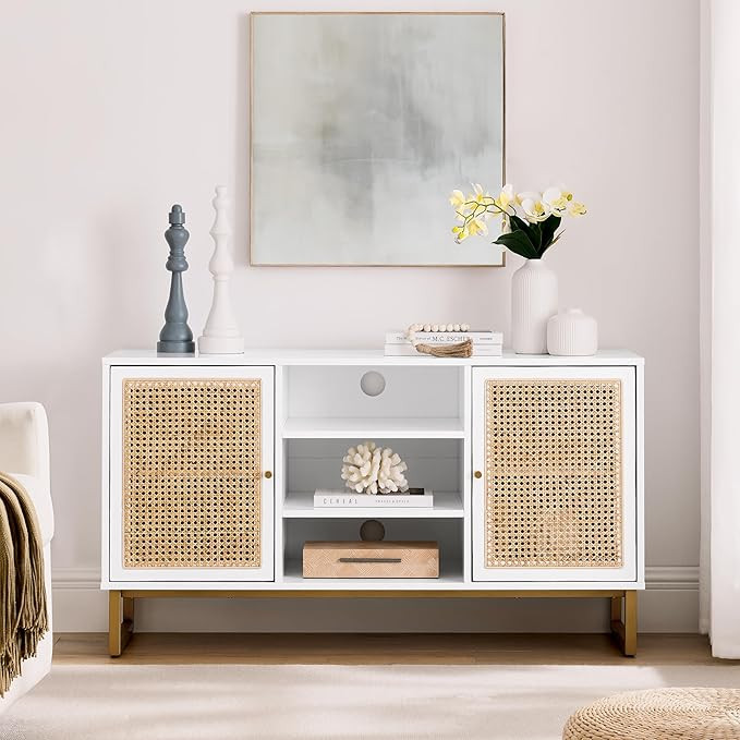 HyorecyTech 47 Inch Mid Century Modern White TV Stand with Adjustable Shelf, Rattan Sideboard, En... | Amazon (US)