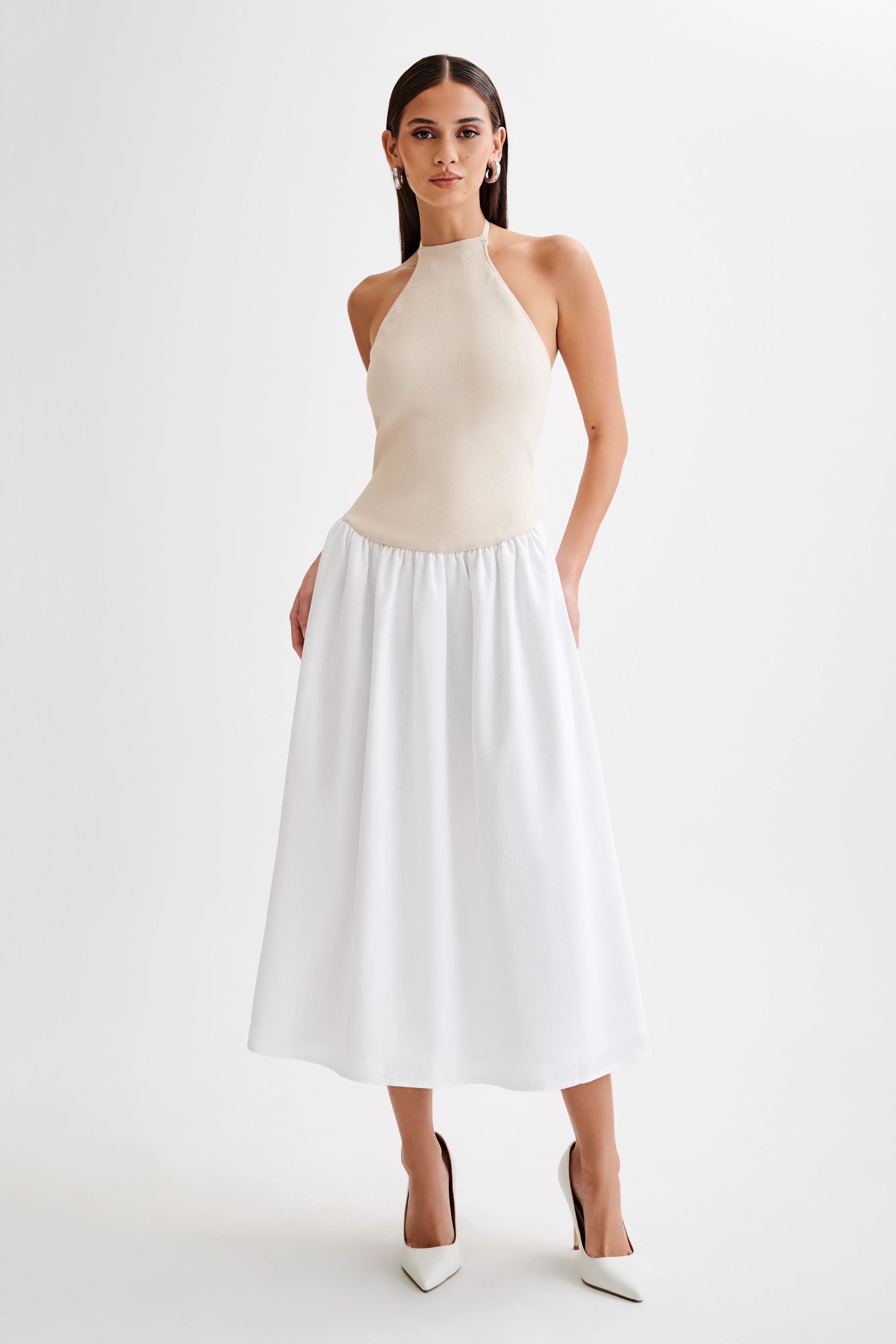 Katie Knit And Linen Midi Dress - Natural/White | MESHKI US