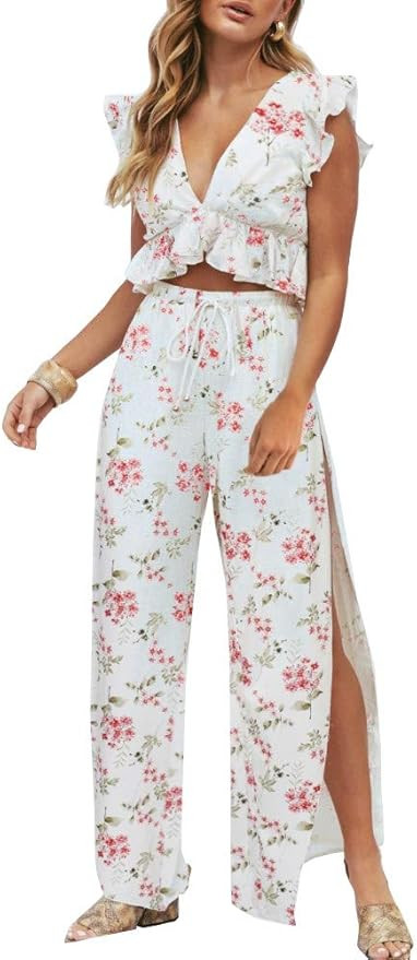 FANCYINN Womens 2 Pieces Outfits Deep V Neck Crop Top Side Slit Drawstring Wide Leg Pants Set Jum... | Amazon (US)
