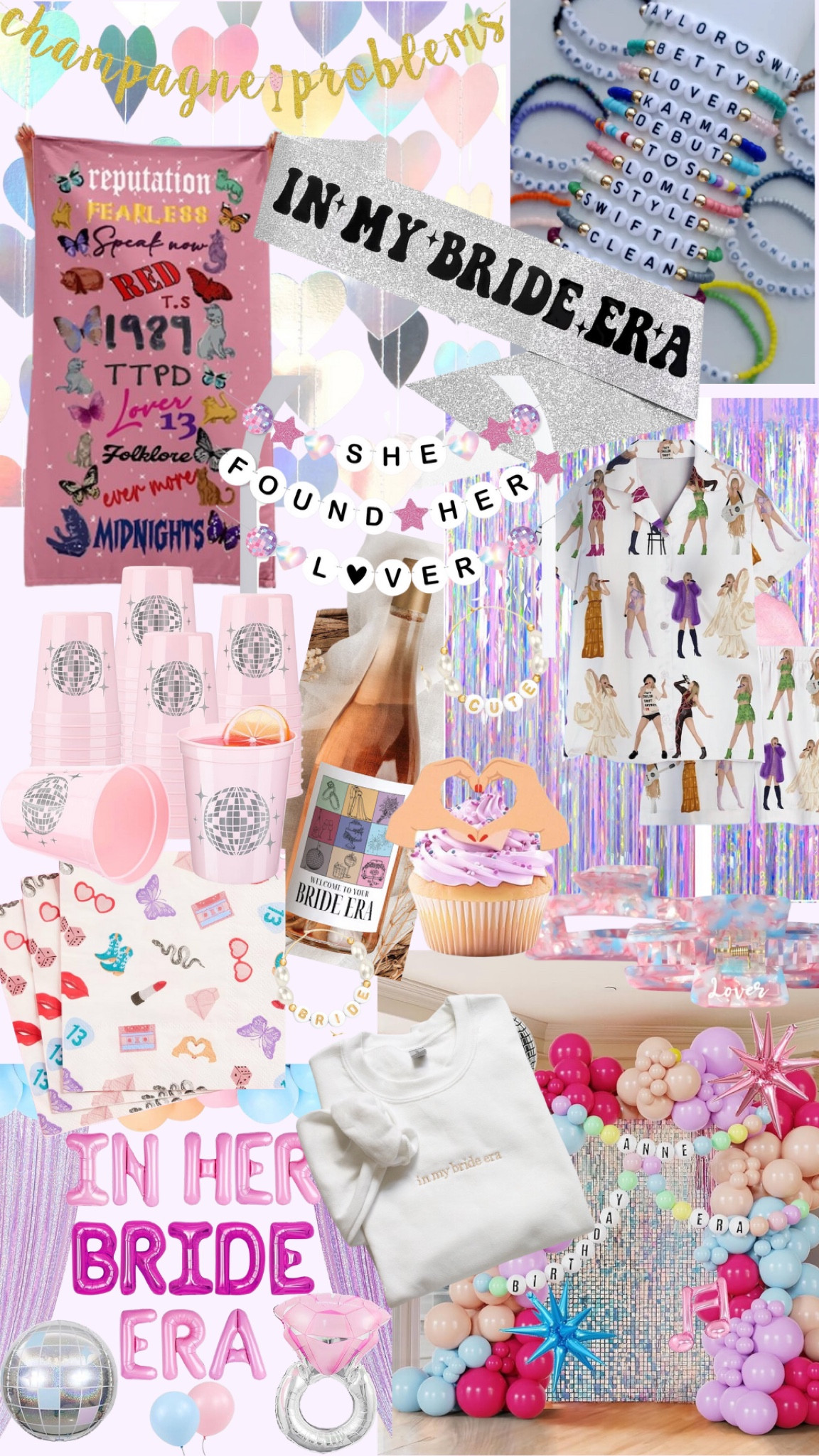 Taylor Swift Eras Tour Bachelorette Party Theme idea! In her bride era, found her lover and champagne problems themed decor! 

#taylorswift #eras #red #debut #reputation #lover #midnights #bejeweled #disco #party #bachelorette #bride #pink #lavender #friendship #bracelets 

#LTKWedding #LTKParties