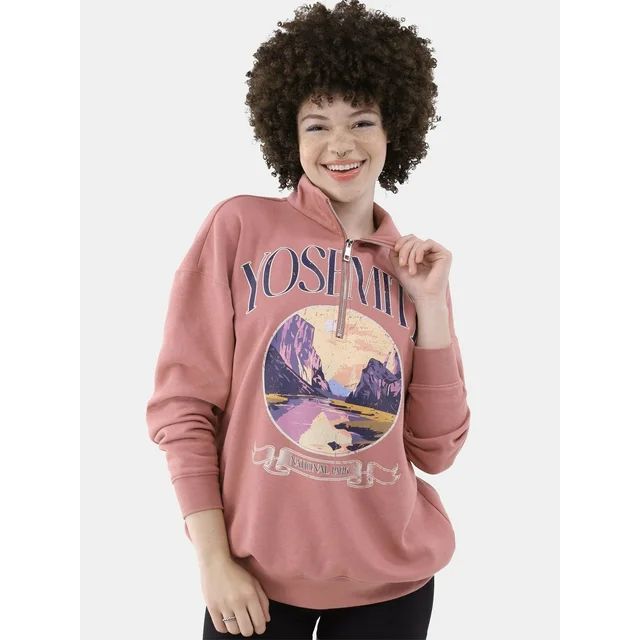 No Boundaries Quarter Zip Graphic Sweatshirt, Women’s and Women’s Plus | Walmart (US)