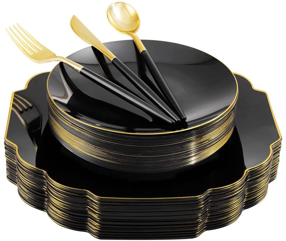 150pcs Black Plastic Plates, Black and Gold Plastic Plates,Gold Plastic Silverware,Black and Gold... | Walmart (US)