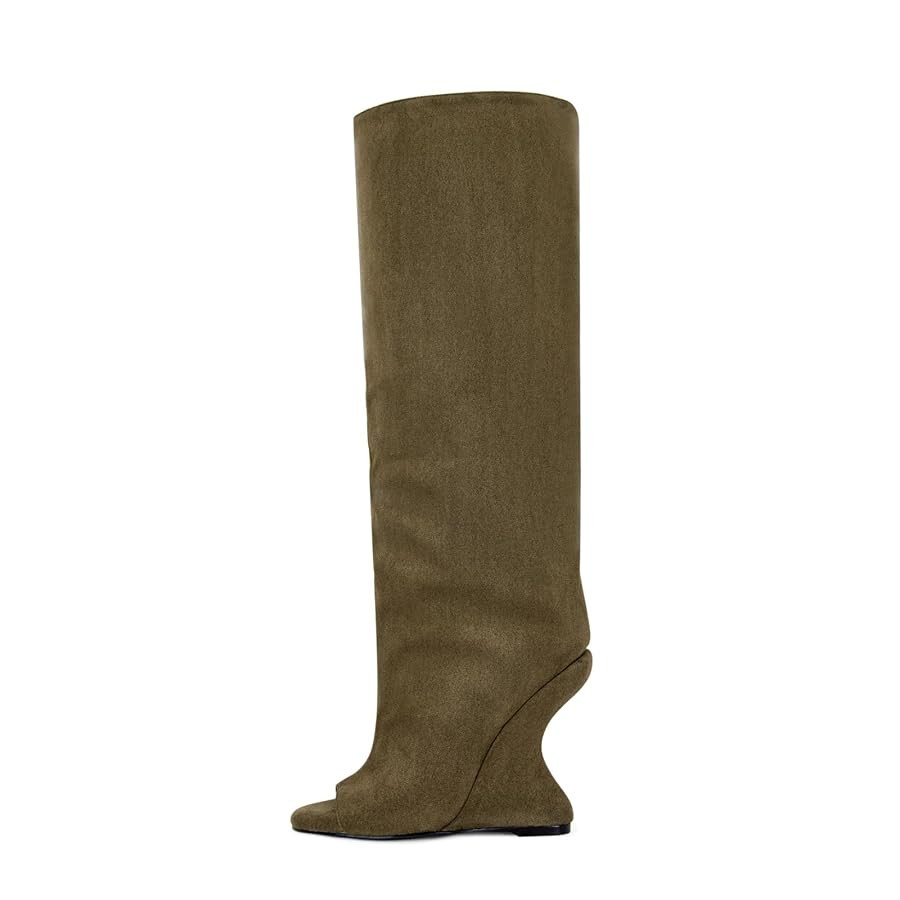 Atuelang Women's Slouchy Suede Knee High Boots Open Toe Pull On Tall Inverted Wedge Heel Boots | Amazon (US)